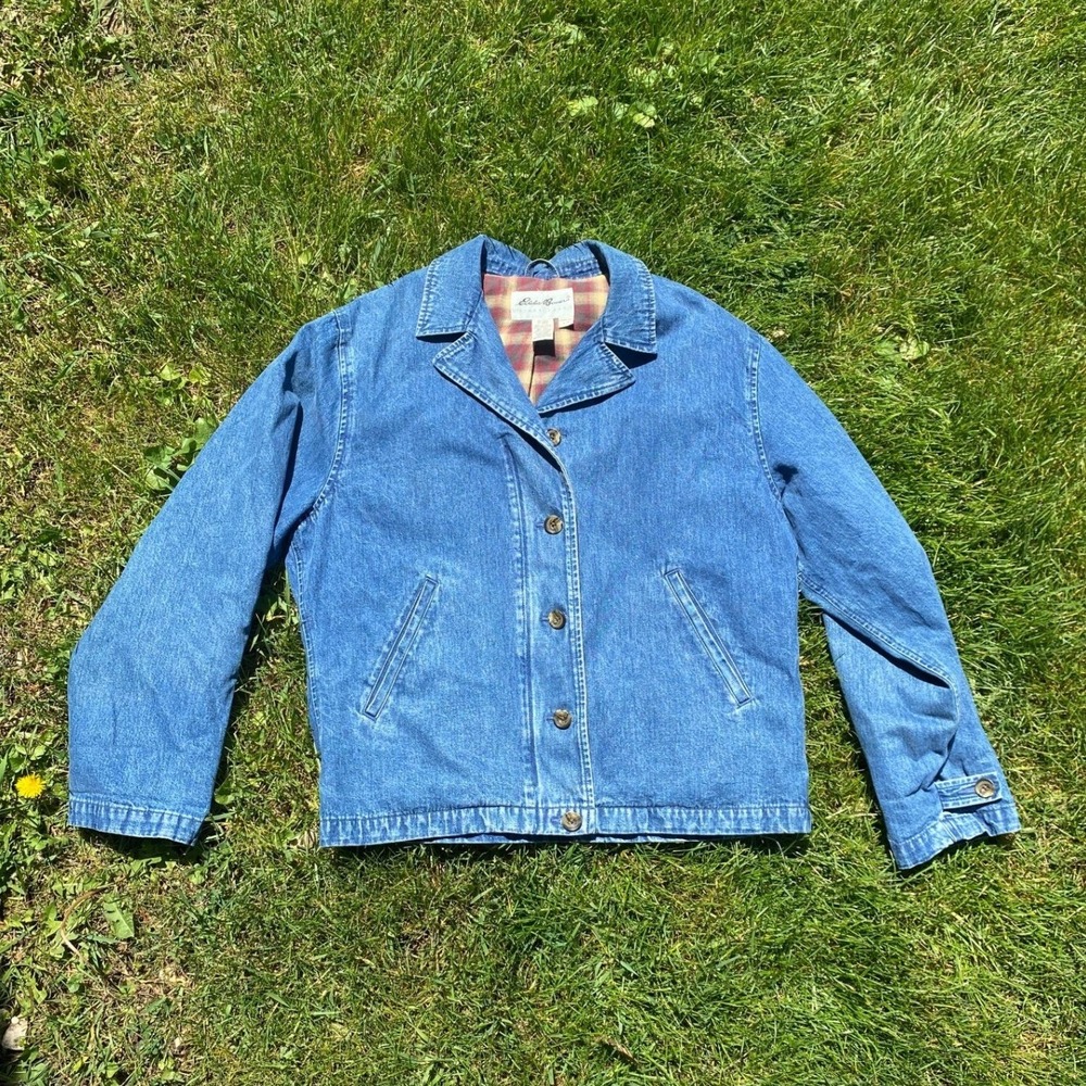 Eddie‎ Bauer Vintage 1990s Flannel Lined Denim Jean Jacket Blue Large Heritage